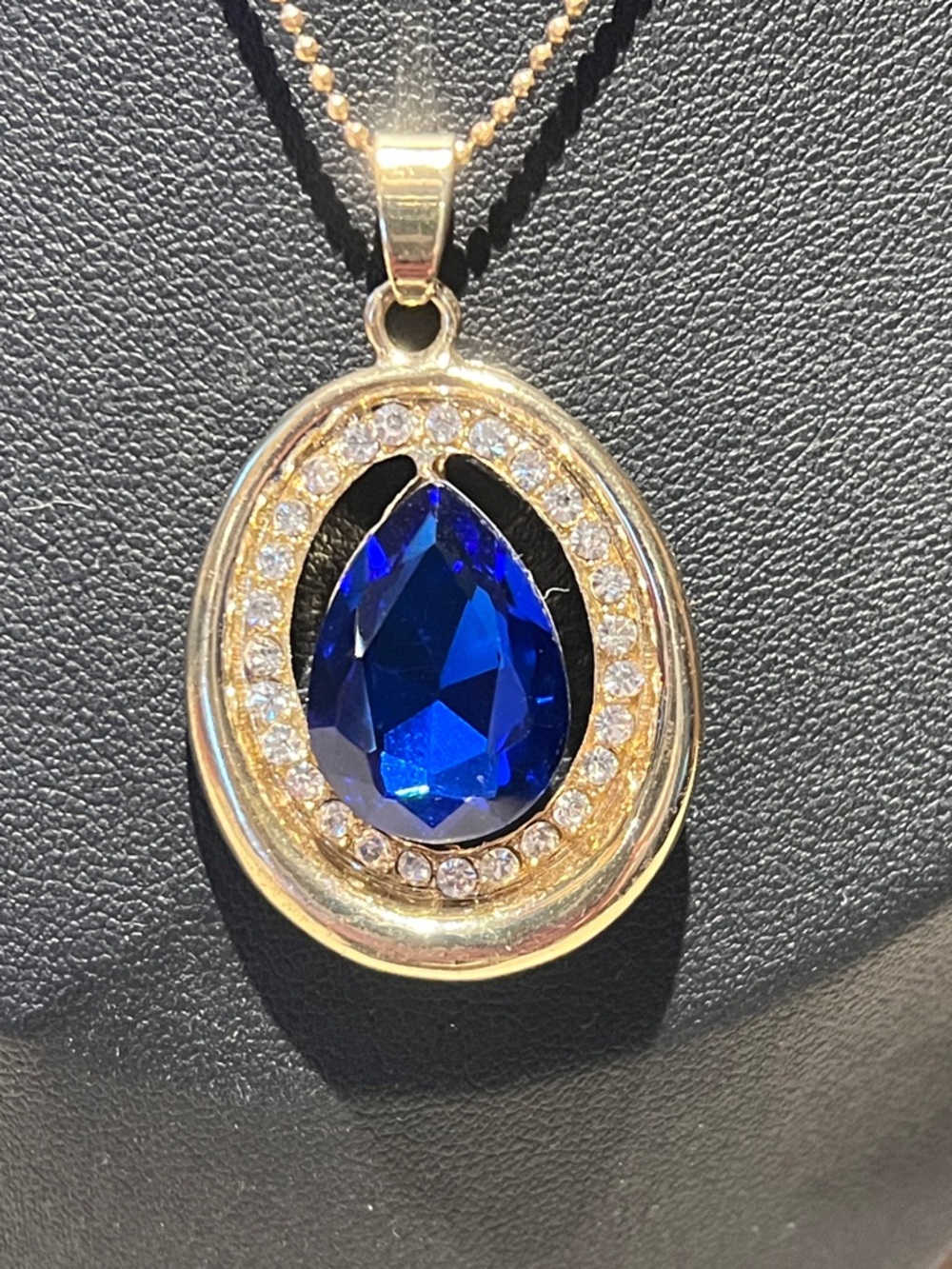 Gold-Tone Necklace and Stud Earrings with Sapphire Blue Teardrop Stones - Picture 2 of 4